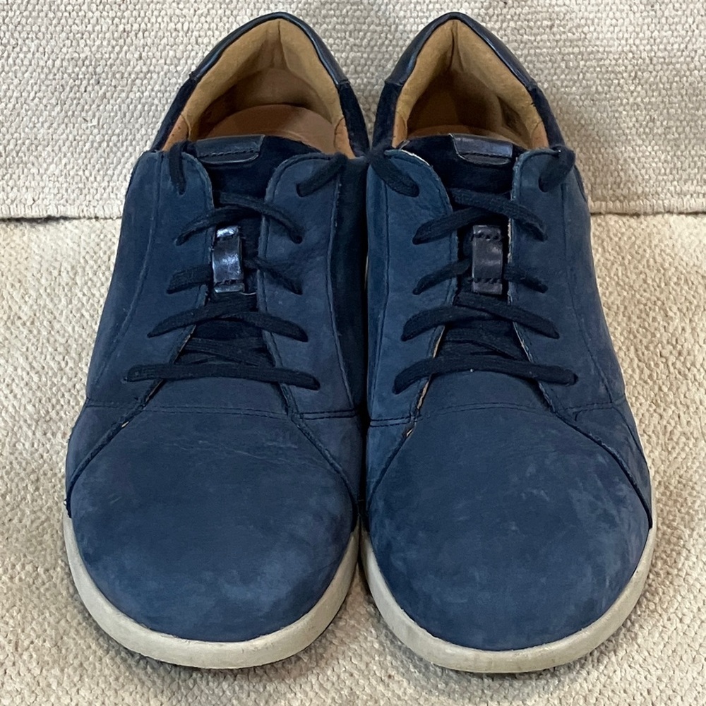wm’s size 11 Clarks unstructured Dark Blue suede / leather Sneakers cushy soles - Picture 7 of 15